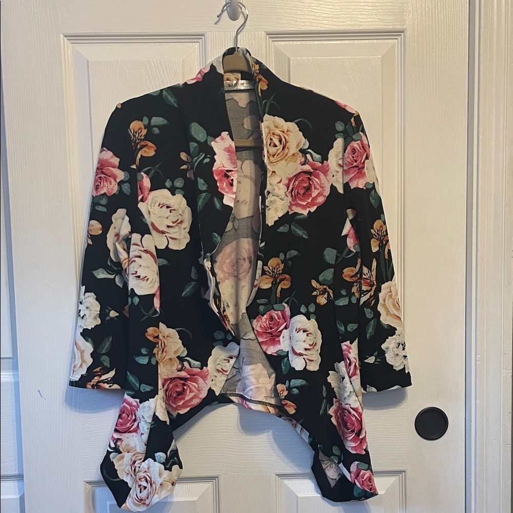 Doublju Black Floral Open-Front Blazer 3/4 sleeve